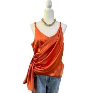 Cliché Draped Satin Slip Top Orange Coral Cowl Neck Cocktail Summer Large
